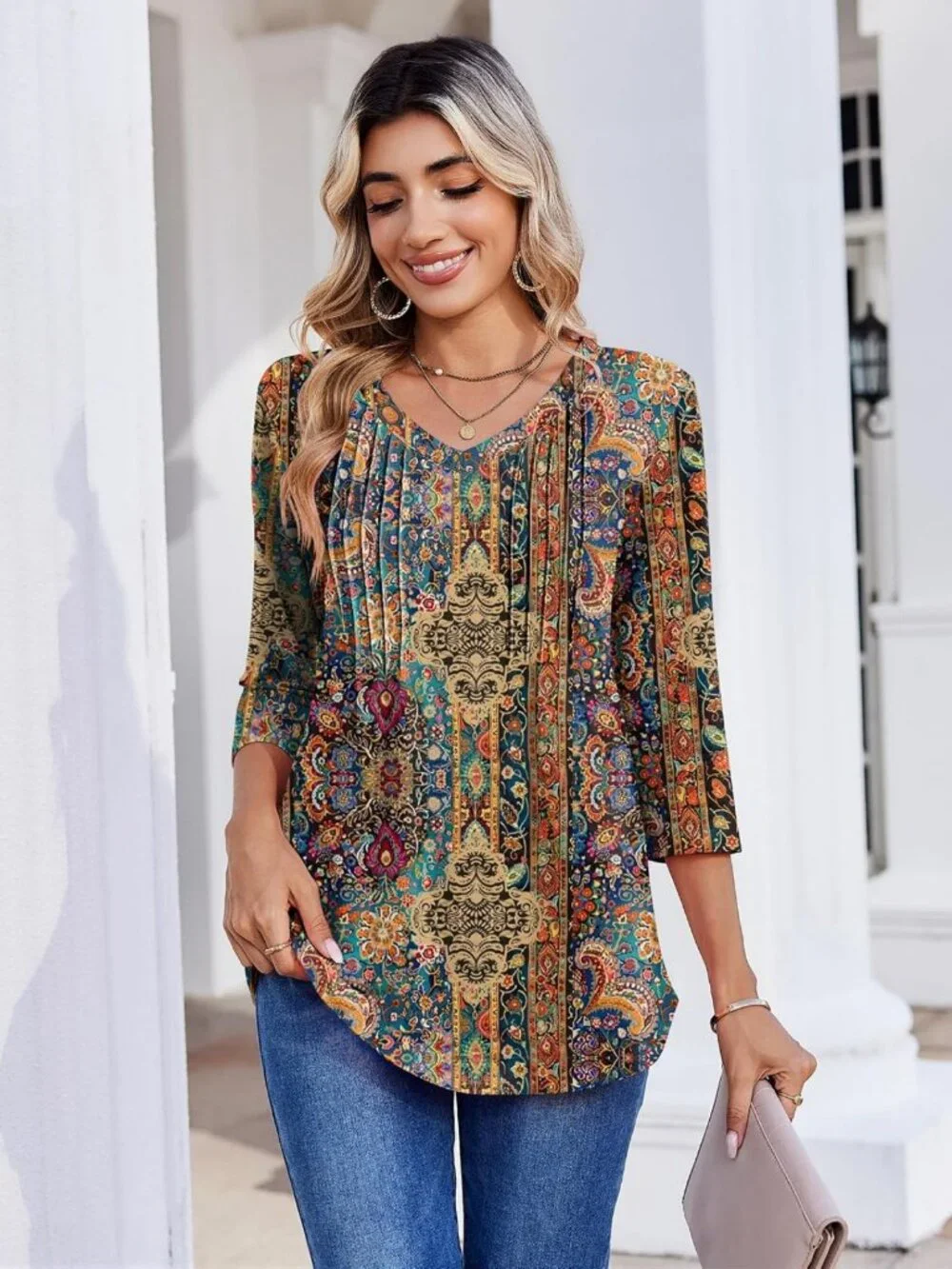 Boho Floral Blouse with V-Neck | 3/4 Sleeve Tunic Top for Work & Casual Wear
